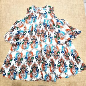 Umgee Boho Colorful Paisley‎ Peasant Babydoll Mini Dress Large Open Shoulder S
